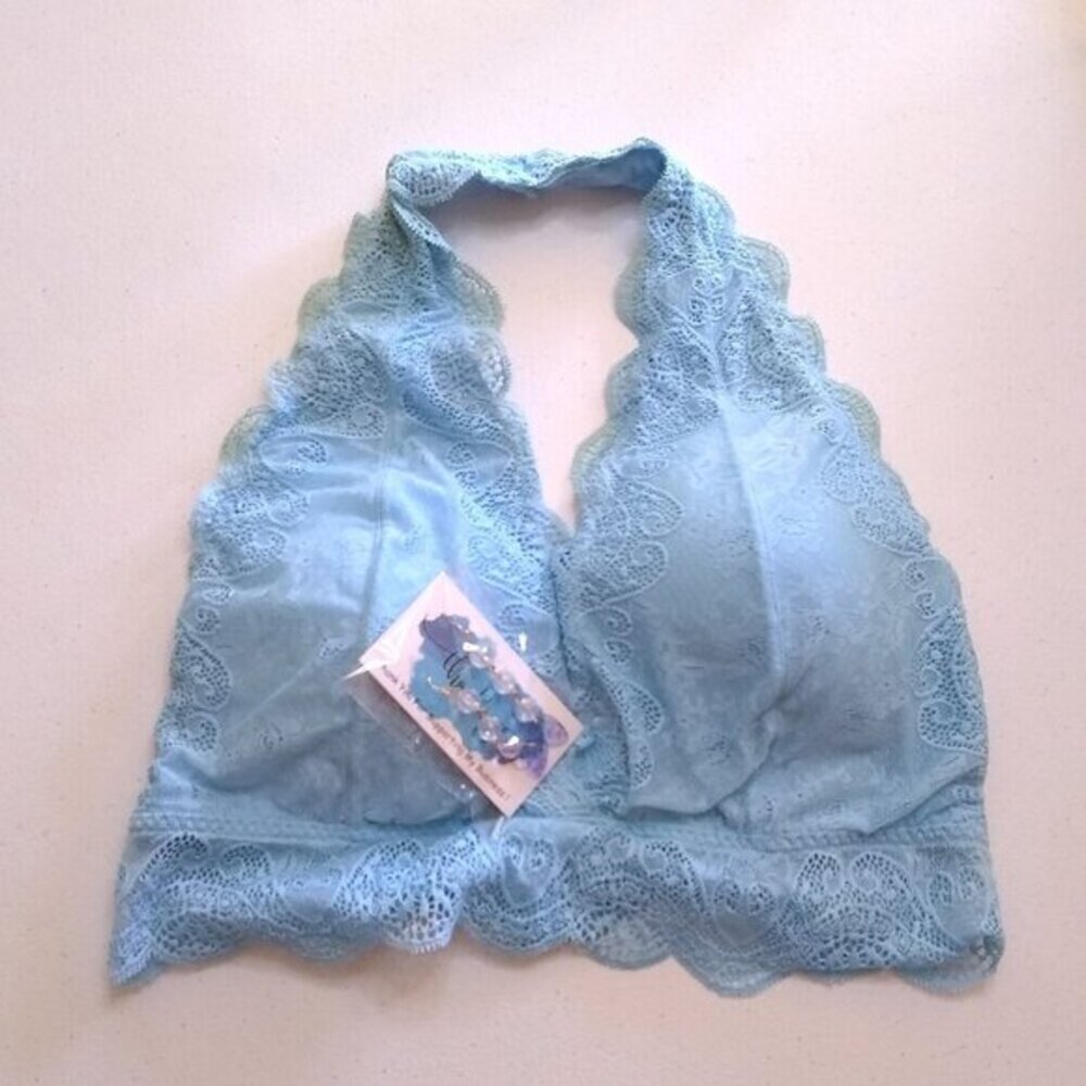 1X Pale Blue Halter Neck Lace Bra + Matched Earrings! Sexy Seductive & Alluring!